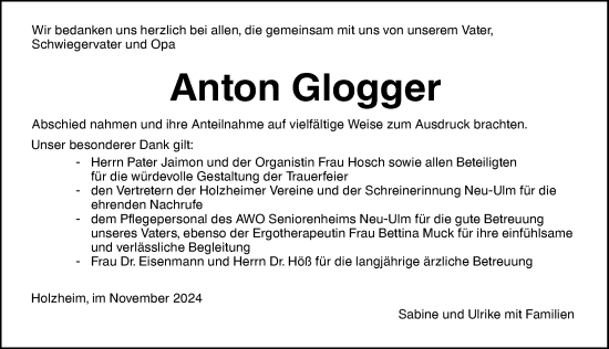 Traueranzeige von Anton Glogger von Augsburger Allgemeine, Neu-Ulmer Zeitung