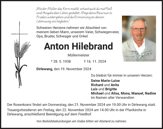 Traueranzeige von Anton Hilebrand von Mindelheimer Zeitung