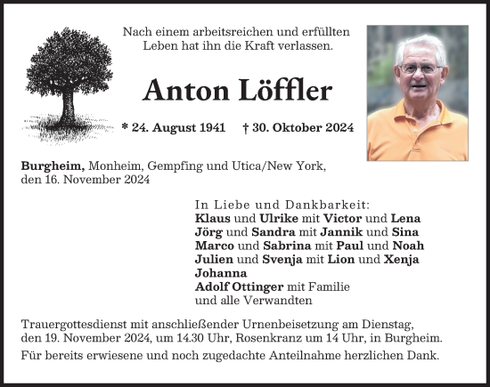 Traueranzeige von Anton Löffler von Neuburger Rundschau