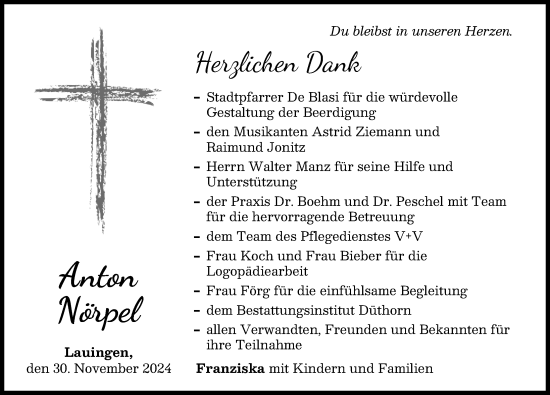 Traueranzeige von Anton Nörpel von Donau Zeitung