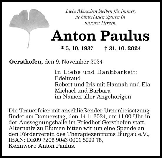 Traueranzeige von Anton Paulus von Augsburger Allgemeine