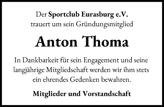 Traueranzeige von Anton Thoma von Friedberger Allgemeine