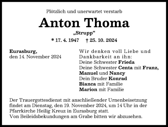 Traueranzeige von Anton Thoma von Friedberger Allgemeine