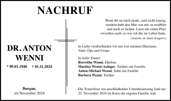 Traueranzeige von Anton Wenni von Günzburger Zeitung