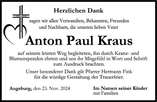 Traueranzeige von Anton Paul Kraus von Augsburger Allgemeine