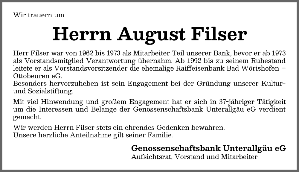  Traueranzeige für August Filser vom 30.11.2024 aus Mindelheimer Zeitung