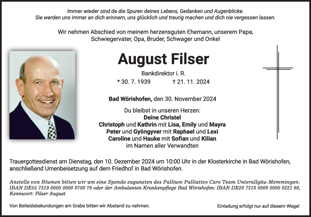  Traueranzeige für August Filser vom 30.11.2024 aus Mindelheimer Zeitung