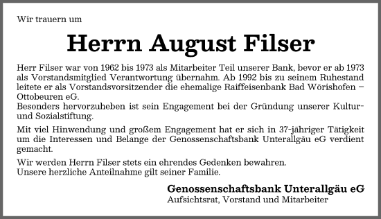 Traueranzeige von August Filser von Mindelheimer Zeitung