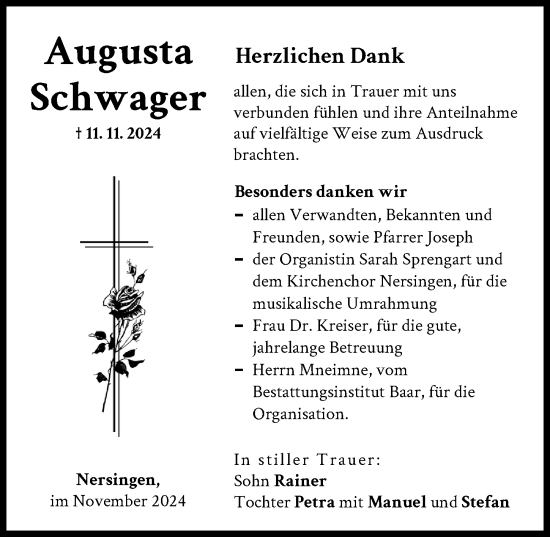Traueranzeige von Augusta Schwager von Neu-Ulmer Zeitung