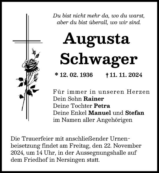 Traueranzeige von Augusta Schwager von Neu-Ulmer Zeitung