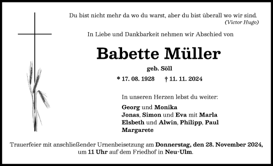 Traueranzeige von Babette Müller von Neu-Ulmer Zeitung