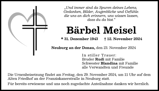 Traueranzeige von Bärbel Meisel von Neuburger Rundschau