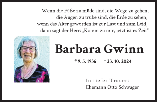 Traueranzeige von Barbara Gwinn von Schwabmünchner Allgemeine