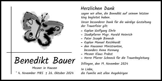 Traueranzeige von Benedikt Bauer von Donau Zeitung