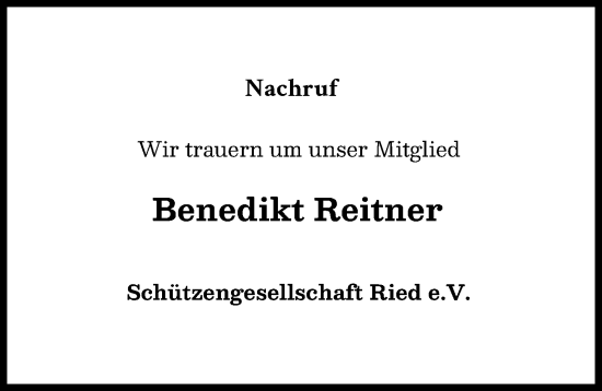 Traueranzeige von Benedikt Reitner von Friedberger Allgemeine