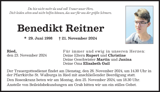 Traueranzeige von Benedikt Reitner von Friedberger Allgemeine