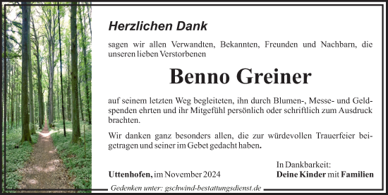 Traueranzeige von Benno Greiner von Mittelschwäbische Nachrichten