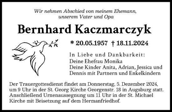Traueranzeige von Bernhard Kaczmarczyk von Augsburger Allgemeine