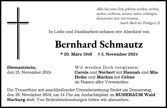 Traueranzeige von Bernhard Schmautz von Donau Zeitung