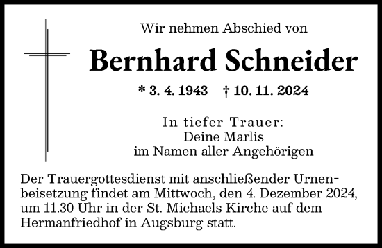 Traueranzeige von Bernhard Schneider von Augsburger Allgemeine