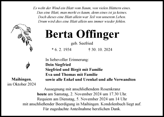 Traueranzeige von Berta Offinger von Rieser Nachrichten