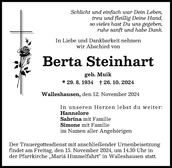 Traueranzeige von Berta Steinhart von Landsberger Tagblatt