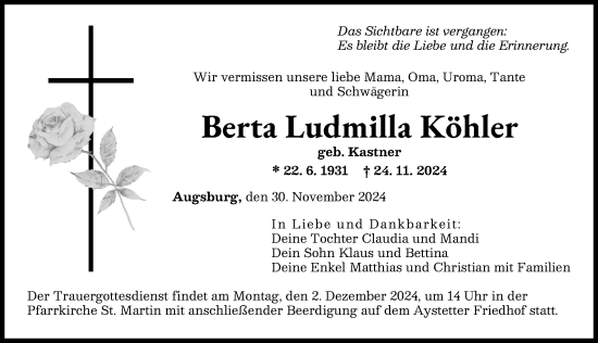 Traueranzeige von Berta Ludmilla Köhler von Augsburger Allgemeine