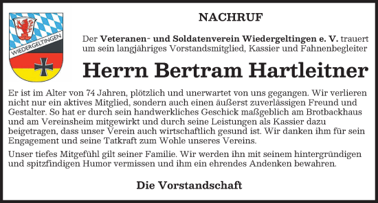 Traueranzeige von Bertram Hartleitner von Mindelheimer Zeitung