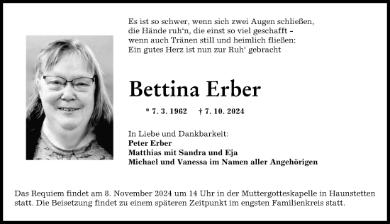 Traueranzeige von Bettina Erber von Augsburger Allgemeine