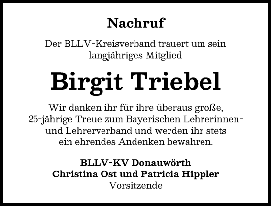 Traueranzeige von Birgit Triebel von Donauwörther Zeitung