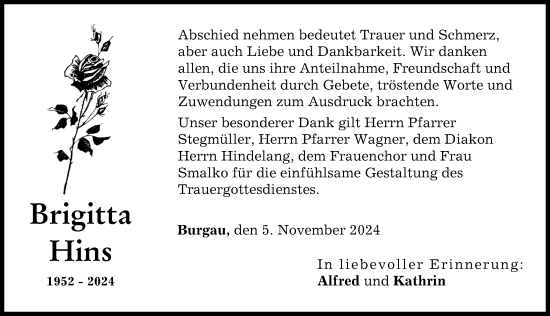 Traueranzeige von Brigitta Hins von Günzburger Zeitung