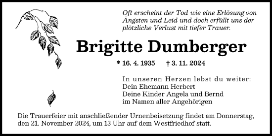 Traueranzeige von Brigitte Dumberger von Augsburger Allgemeine