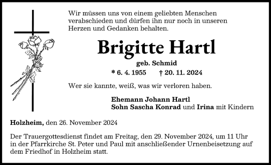 Traueranzeige von Brigitte Hartl von Neu-Ulmer Zeitung
