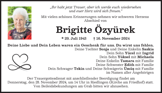 Traueranzeige von Brigitte Özyürek von Donauwörther Zeitung