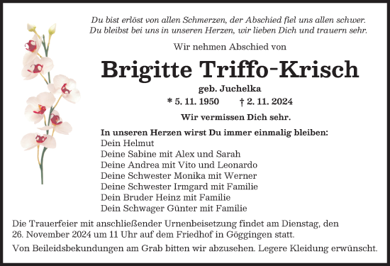 Traueranzeige von Brigitte Triffo-Krisch von Augsburger Allgemeine