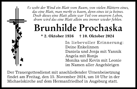 Traueranzeige von Brunhilde Prochaska von Augsburger Allgemeine