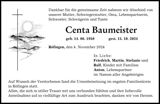 Traueranzeige von Centa Baumeister von Günzburger Zeitung