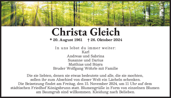 Traueranzeige von Christa Gleich von Augsburger Allgemeine