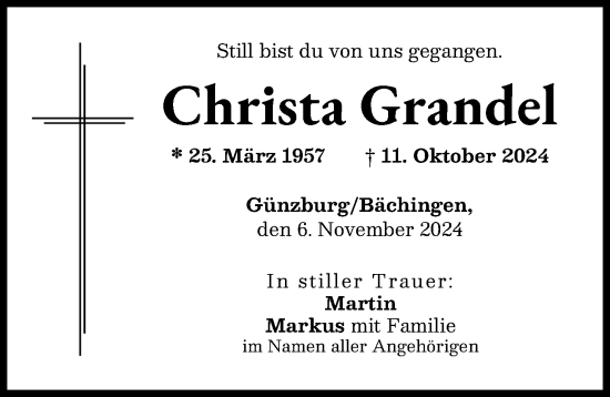 Traueranzeige von Christa Grandel von Günzburger Zeitung