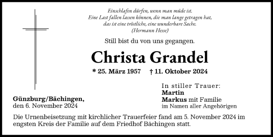 Traueranzeige von Christa Grandel von Donau Zeitung