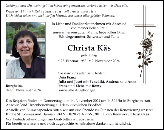 Traueranzeige von Christa Käs von Neuburger Rundschau