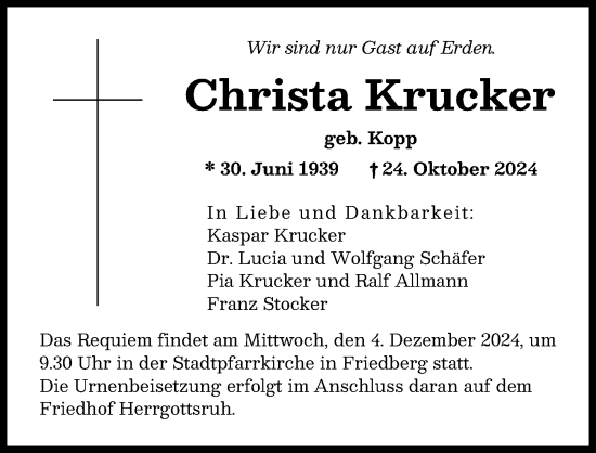 Traueranzeige von Christa Krucker von Friedberger Allgemeine, Augsburger Allgemeine