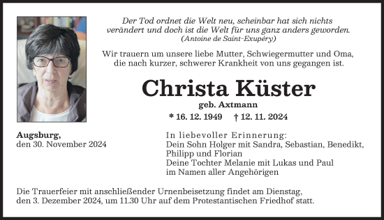 Traueranzeige von Christa Küster von Augsburger Allgemeine