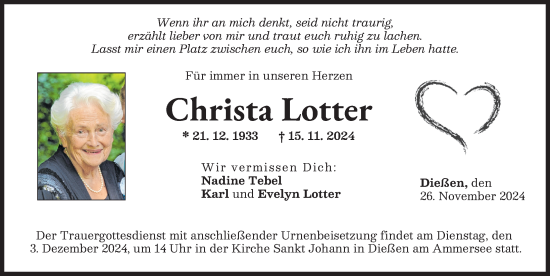 Traueranzeige von Christa Lotter von Ammersee Kurier