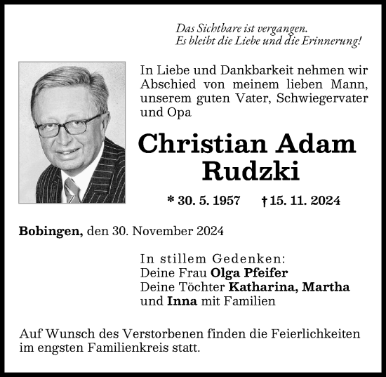 Traueranzeige von Christian Adam Rudzki von Schwabmünchner Allgemeine