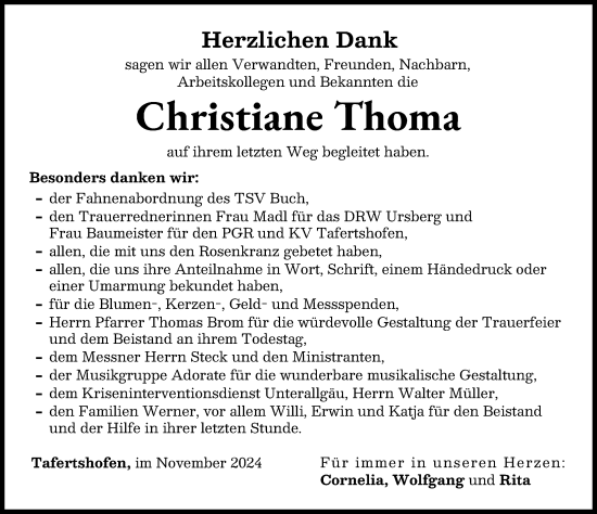 Traueranzeige von Christiane Thoma von Mittelschwäbische Nachrichten, Illertisser Zeitung
