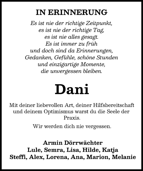 Traueranzeige von Dani  von Mittelschwäbische Nachrichten