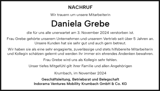 Traueranzeige von Daniela Grebe von Mittelschwäbische Nachrichten
