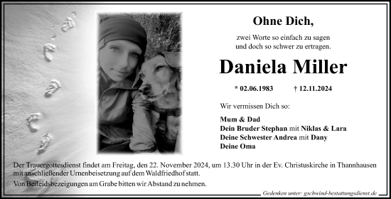 Traueranzeige von Daniela Miller von Mittelschwäbische Nachrichten