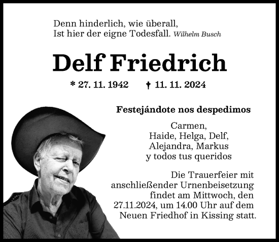 Traueranzeige von Delf Friedrich von Friedberger Allgemeine